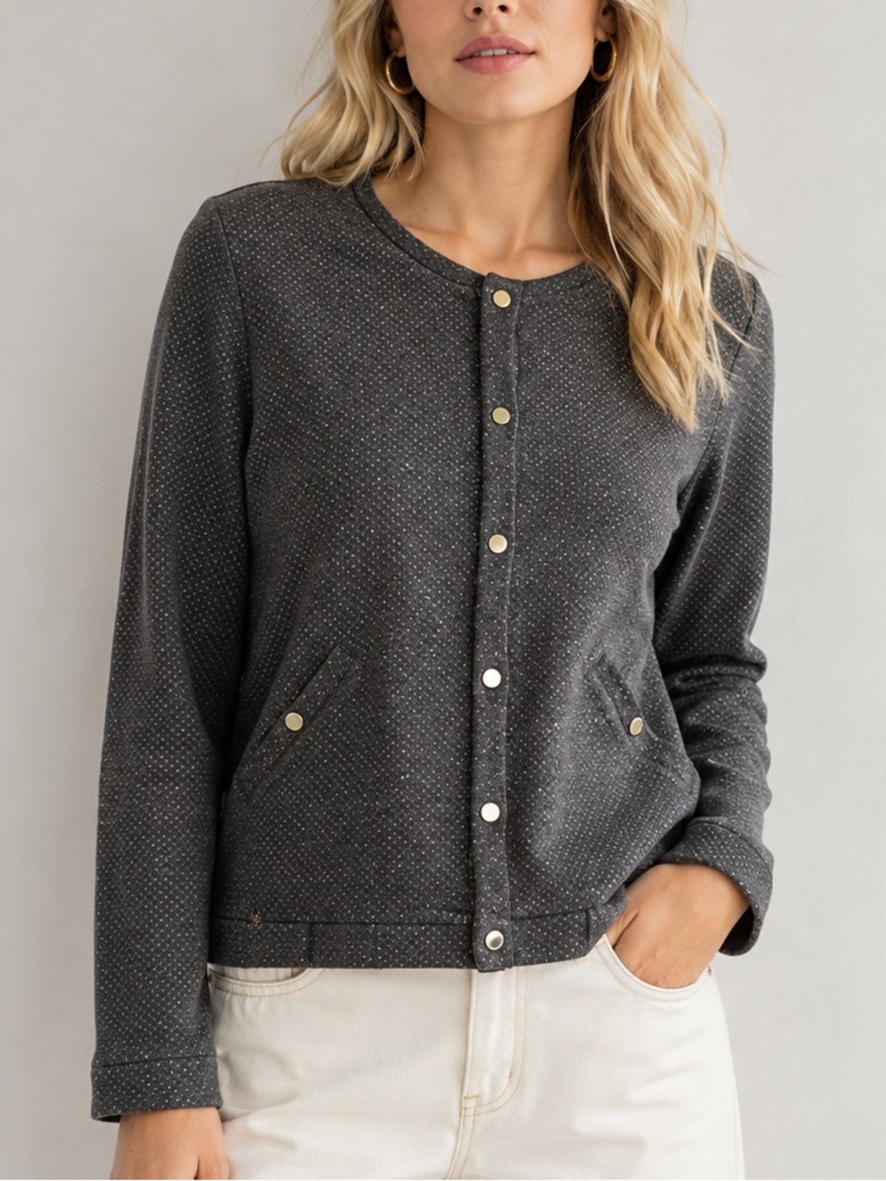 Des Petits Hauts Tarami Cardigan T2 Black Charcoal Metallic Snap Button Front